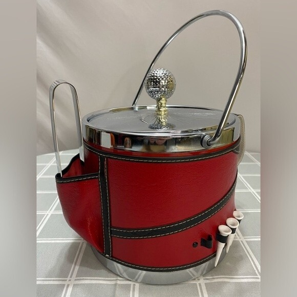 Vintage MCM Golf Theme Ice Bucket Silver Red Black Ice Tongs Golf Tee - Picture 1 of 9
